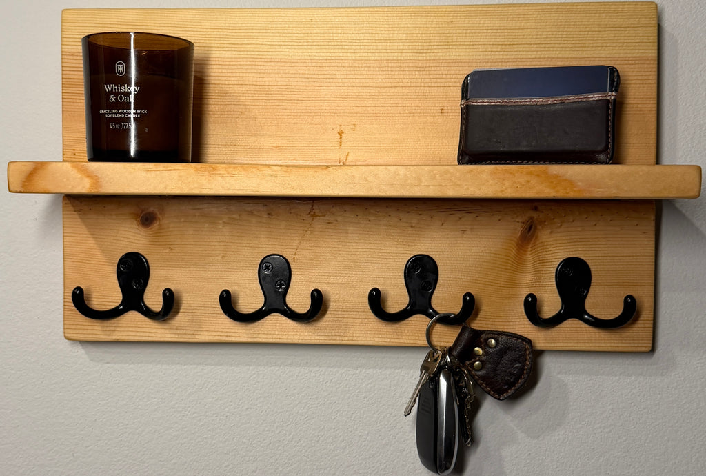 Entryway Shelf with Hooks — Natural Wood
