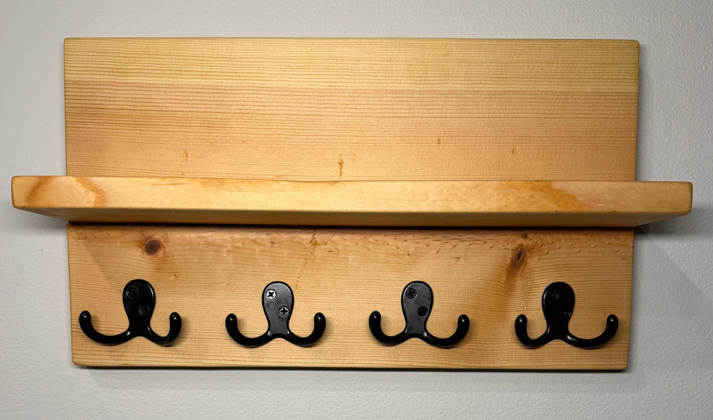 Entryway Shelf with Hooks — Natural Wood