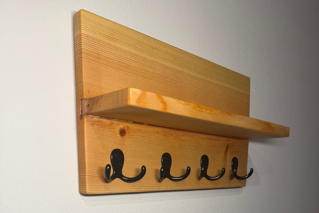 Entryway Shelf with Hooks — Natural Wood